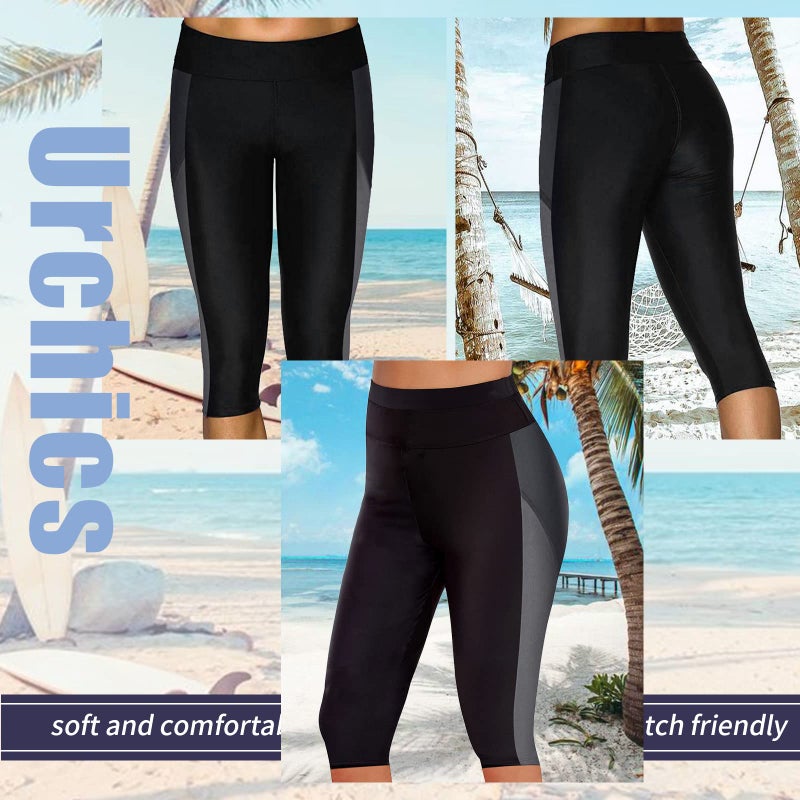 Urchics Womens Plus Size Rash Guard Capris Long Swim Shorts Tankini Bottom Sporty Black Gray 3X - Image 4